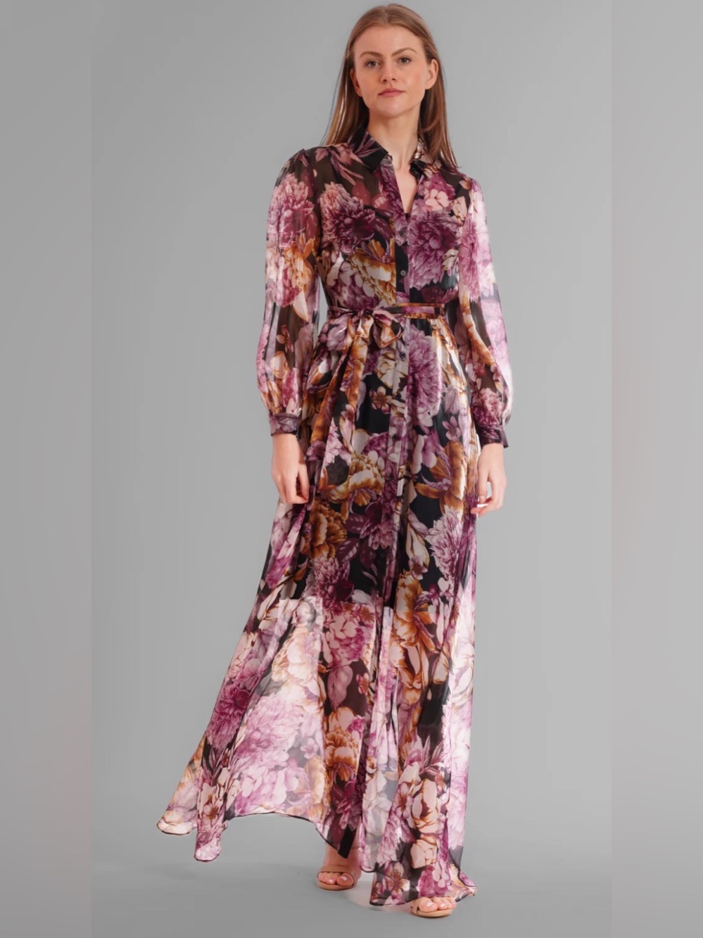 Julia Jordan Long Sleeve Printed Organza Shirt Dress Sz 14 Floral